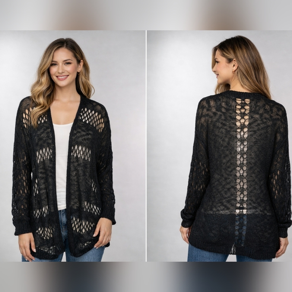 Umgee Open Knit Cardigan Black Lightweight Boho Layering Sweater Size Large NWT